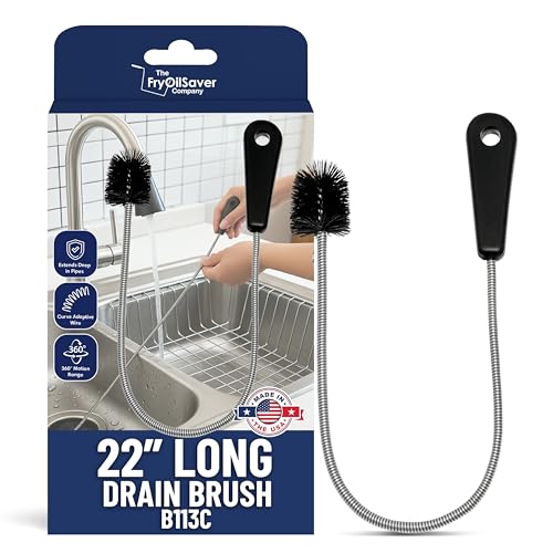 22" Long Sink Drain Brush – Slim Snake Hair Clog Remover Tool for Shower, Tub and Sink - Pipe/Tube Brush for Small Spaces, Drain Cleaning – B113C by FryOilSaver Co. - size: 22 Inches