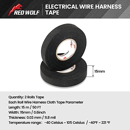 RED WOLF Wire Loom Harness Cloth Tape Electric Self-Adhesive Fabric Tape High Temp for Automobile Electrical Harness Wrap Noise Damping Protection Insulation Cable Fixed 2 Rolls Black 3/5 Inch x 50FT