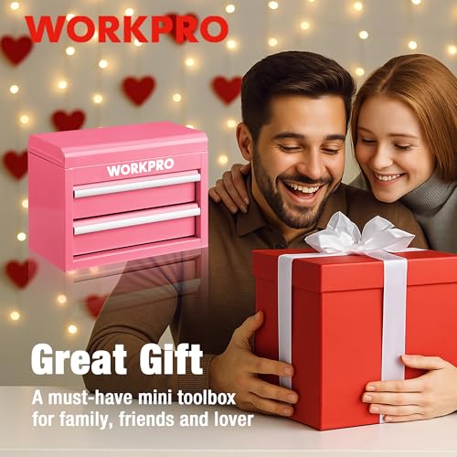 WORKPRO Metal Mini Tool Box with 2 Drawers and Top Storage - color: Pink