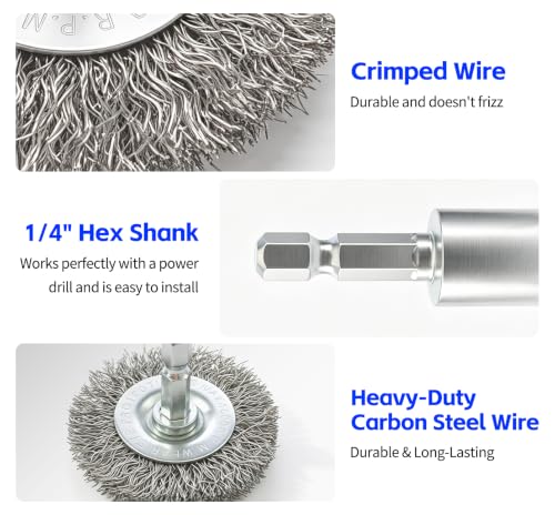 1/4 Inch Wire Brush for Drill 8 Pcs Set Steel Wheel for Rust Removal - size: 8PCS