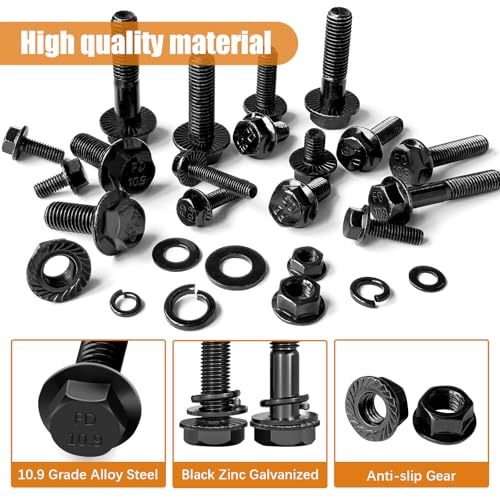 mankk 248PCS Metric Flange Hex Bolts and Nuts Kit M6x1.0 Bolt (12mm to 35mm) Grade 10.9 Black Alloy Steel Class Hex Bolts and Nuts Washers Kit for Automotive - color: Black-248PCS M6