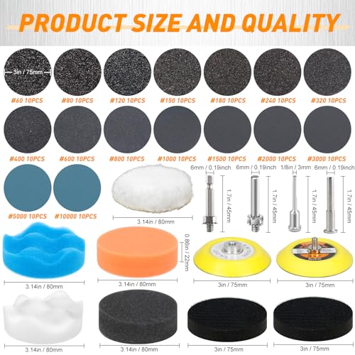 174 PCS 3 Inch Wet Dry Sanding Discs 60-10000 Grit Assorted - style: 3 IN MIX
