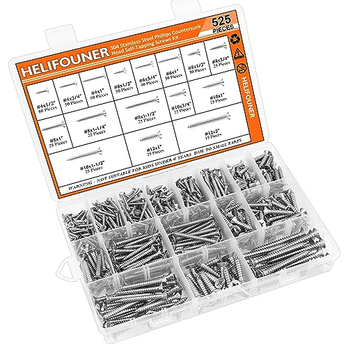 525 Pieces #4#6#8#10#12 Wood Screws Set, HELIFOUNER 16 Sizes Phillips Countersunk Head Self-Tapping Screws Assortment Kit, Phillips Flat Head Wood Screws, 304 Stainless Steel - size: #4#6#8#10#12