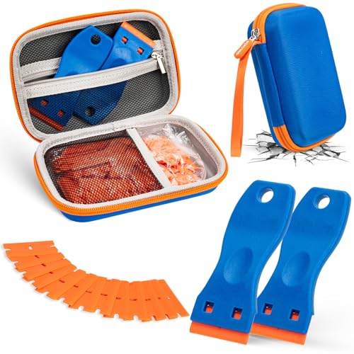Plastic Razor Blade Scraper, 2PCS Scraper Tool with 100PCS Plastic Blades Carry Case, Cleaning Scrapers Remover Storage for Stickers, Decals, Adhesive, Labels, Paint, Glass, Car, Window, Caulk
