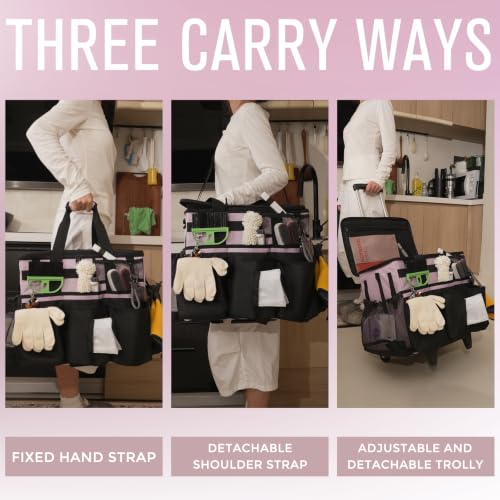 SCAVATA Rolling Cleaning Caddy Bag with Detachable Trolley, Large Cleaning Supplies Organizer with Wheels, Multi-Pocket Cleaning Cart with Adjustable Shoulder Strap for Housekeepers (Lilac) - color: Lilac
