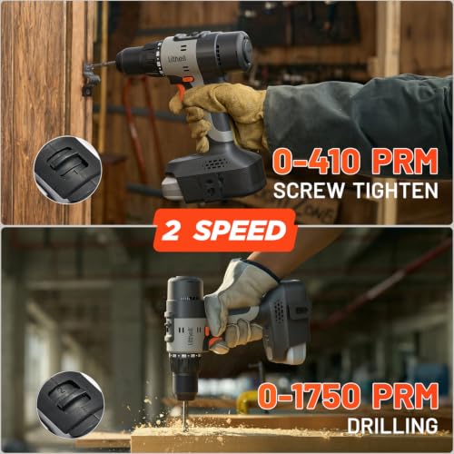 Litheli 20V Cordless Drill Driver Set, Electric Power Drill with 2 Variable Speed Settings, 1/2 Inch Keyless Chuck, 21+1 Clutch Settings with Maximum Torque of 443 In-lbs