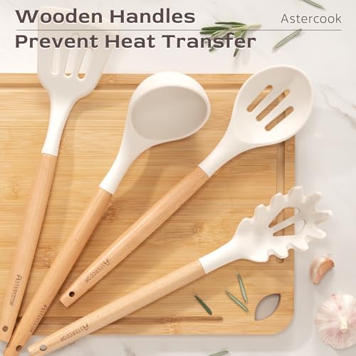 Astercook Kitchen Utensils set, 39 PCS Silicone Cooking Utensils Set with Wooden Handle, 446°F Heat Resistant Food Grade Utensil Sets, BPA Free Kitchen Gadgets Tools Set for Nonstick Cookware (Cream) - color: Cream