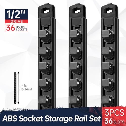 Reniteco Magnetic Socket Organizer, 3-Piece 1/2-Inch Drive ABS Sockets Rail, Heavy Duty Sockets Holder, Socket Rack Kit 1/2-Inch x 42 Clips - color: Black, size: 3 Pcs 1/2" DR