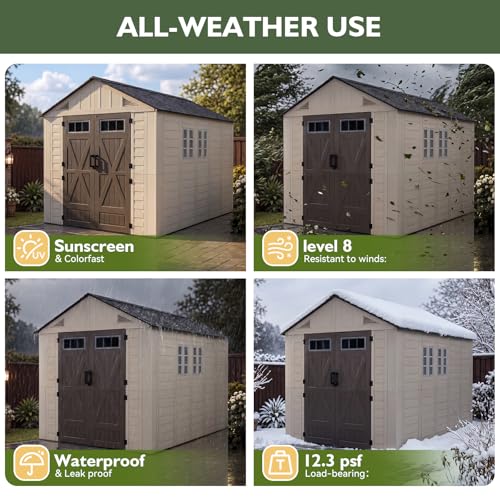 Aoxun 8x12 Ft Outdoor Storage Shed with Floor, Large Resin Outdoor Shed with Lockable Door & Windows, Garden HDPE Sheds for Lawn Tools, Pool Supplies & Bikes - size: 8x12