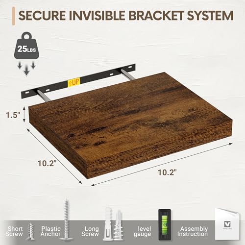 Vivelove 10x10 Inches Floating Shelves Wall Mounted Set of 2, Rustic Brown - color: Rustic Brown, size: 10.2”wx10.2”dx1.5”h