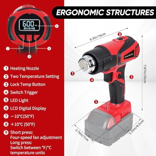 Cordless Heat Gun Compatible with Milwaukee m18 Battery 350W Fast Heating 120℉–1112℉ Variable Temperature LCD Display Portable Hot Air Gun 4 Nozzles for Crafts, DIY (Tool Only, Not Made by Milwaukee)