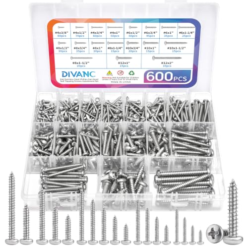 600Pcs Stainless Steel Wood Screws Assortment Kit, #4#6#8#10#12 Phillips Pan Head Sheet Metal Screws Self Tapping Screws Set,Length 3/8" to 2" (Silver-Pan Head) - color: Silver