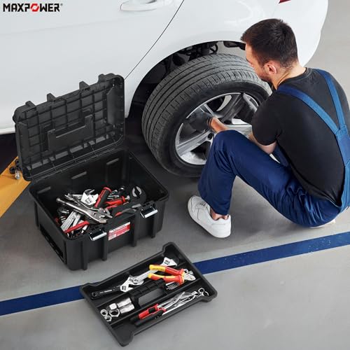 MAXPOWER 16-inch Stackable Tool Box, with Metal Latches, Removable Tray - size: 16", style: 16" black