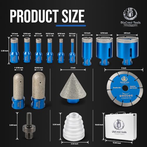 16-Piece Diamond Hole Saw Kit – Vacuum-Brazed Diamond Drill Bits for Tile, Porcelain Tile, Ceramic, Granite & Marble – Includes Finger Bits, Dust Guard, Adapter & Carrying Case