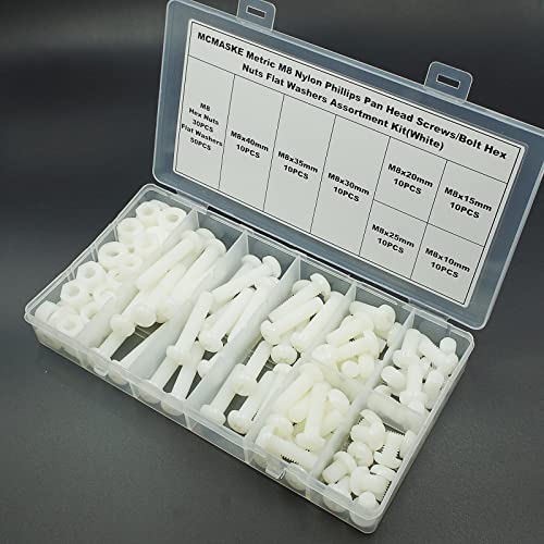 Metric M8 Phillips Pan Head Nylon Screws Nuts Flat Washers Assortment Kit, Screws Length:10mm to 40mm(White) - size: M8