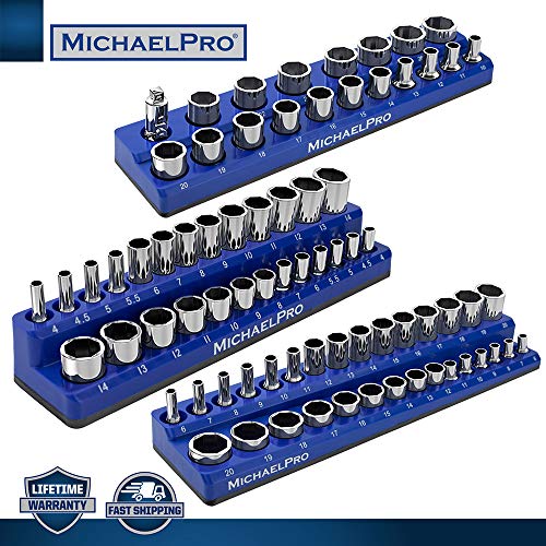 MichaelPro Magnetic Socket Organizer, Socket Tray, 3-Pc 1/4-inch, 3/8-Inch, & 1/2-Inch Magnetic Organizer Tray in Metric for Toolboxes/Cabinets| MP014002 - size: Metric