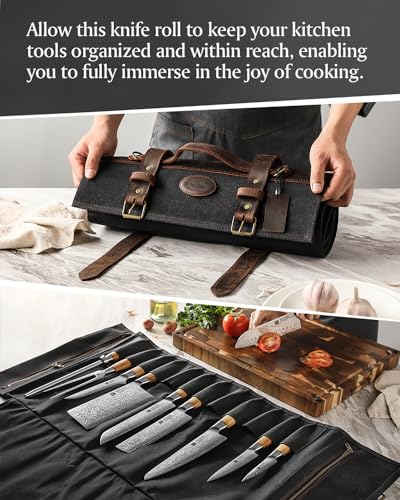 XINZUO Chef Knife Roll Bag Professional,16oz Waxed Canvas and Crazy Horse Leather,12 Slots Plus 2 Zipper Pockets,Adjustable Shoulder Strap-Travel Tool Roll Pouch(Bag Only) - color: Black