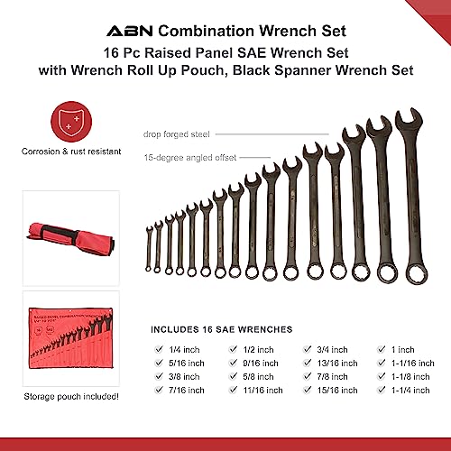ABN Combination Wrenches Set Metric and Standard - 32 Piece SAE and Metric Wrench Set with Roll Up Pouch - size: SAE and Metric