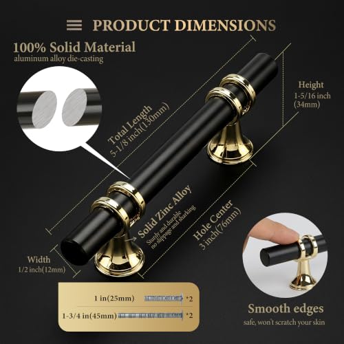 Haliwu 10 Pack 3 Inch Black and Gold Cabinet Handles | 76mm Hole Center, Solid Aluminum and Zinc Alloy, Kitchen Pulls Hardware for Bathroom Drawer Dresser - color: Black&Gold, size: 3-inch (76mm) hole spacing