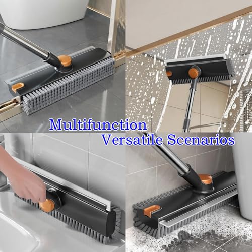 Floor Scrub Brush with Squeegee Long Handle 3 in 1 tub Brush 52'' 2026 Upgraded Multi-Functional Stiff Bristle Cleaning Scrub Brush Rotating Tile Brush for Cleaning Bathroom Patio, Pool, Garage - color: Black
