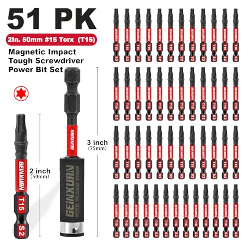 Geinxurn 51 Pieces T15 Impact Tough Magnetic Screwdriver Bit Set, 1 In. #15 Torx Head Power Bit Set, S2 Alloy Steel T15 Star Bit with 1Pcs Impact Bit Holder - size: 2"-51PCS, style: T15