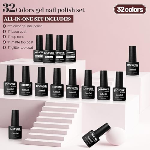 JODSONE 36 PCS Gel Nail Polish Set-32 Colors Gel Polish Kit Base Coat Glossy Matte and Glitter Top Coat Nail Polish Set Green Blue Red Pink Collection Gifts for Women - color: B02