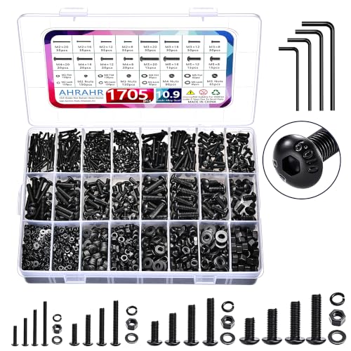 1705 Pcs Machine Screw Assortment Kit, M2 M3 M4 M5 Metric Bolts and Nuts Kit with Lock and Flat Washers, Hex Button Head 10.9 Alloy Steel Cap Screw Set with Allen Wrench - color: Black-Hex Socket Button Head 1705 Pcs