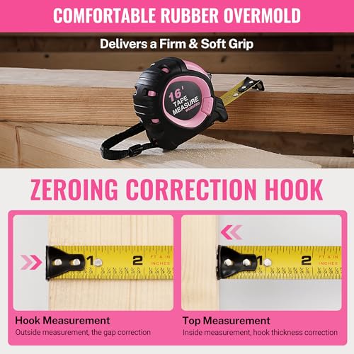 WORKPRO 16-FT Tape Measure with Fractions, 3 Brakes Retractable Measuring Tape, Compact Measurement Tape with Magnetic Hook, Nylon Coating Blade Accuracy 1/32”, Pink - size: 16-FT