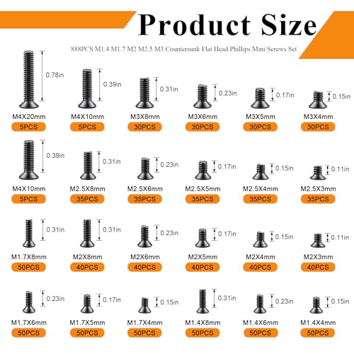 24Sizes 888Pcs Tiny Micro Laptop Computer Screw Kit M1.4/M1.7/M2/M2.5/M3/M4 Countersunk Flat Head Phillips Mini Repair Screws Set for Machinery, Furniture, Automotive, Motorcycle - size: 888pcs