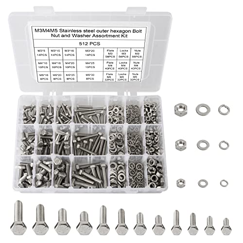 M3 M4 M5 Metric Bolt Assortment, 512PCS 8mm to 30mm Screw Assortment, 304 Stainless Steel Nuts and Bolts, A2-70 Flat Hex Screws Bolts and Nuts Kit, Lock and Flat Gasket Washers Assortment Kit - size: D. M3 M4 M5