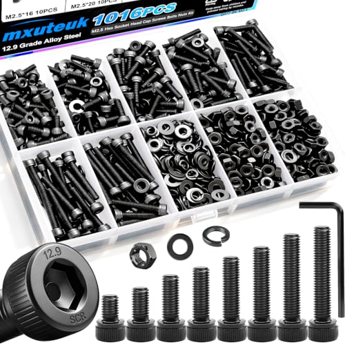 mxuteuk 1016PCS M2.5 Screws Kits,M2.5×4/6/8/10/12/16/20/25mm M2.5 Bolts,12.9 Alloy Steel M2.5 Hex Socket Head Bolts Nuts Washers Set Suitable for 3D Printer,DIY - size: 1016PCS M2.5