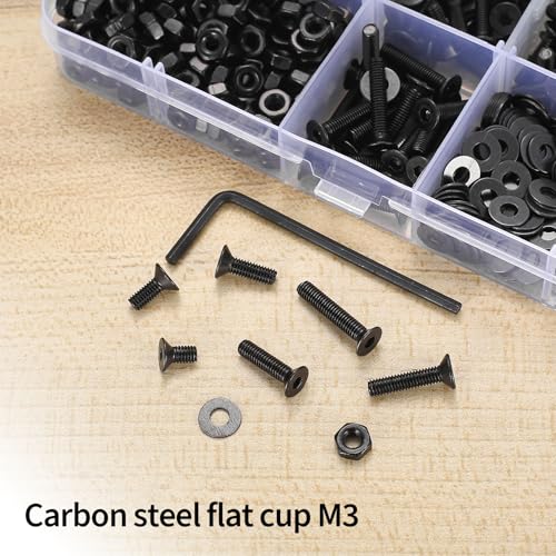 570 Pcs M3 Metric Screw Assortment, Flat Head Machine Screw Assortment Kit, Countersunk Hex Socket Cap Screws Set with Washers, Countersunk Bolts and Nuts Set with Wrench(Black) - size: M3