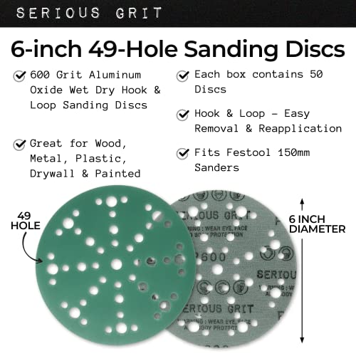 Serious Grit - 6-Inch 49-Hole P600 Grit Sanding Discs - 50 Pack Box - size: 600 Grit