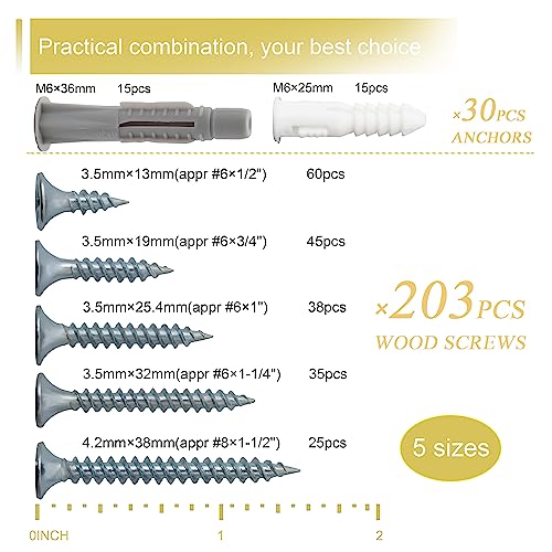 JEGONFRI 203PCS 5 Sizes Wood Screws Assortment Kit & 30pcs Wall Anchors