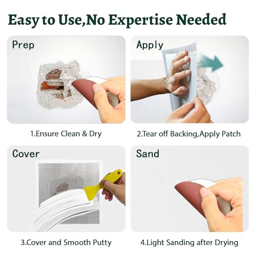 Drywall Repair Kit 12 x 12 Inch Drywall Patch Kit Large Hole (5Pcs) Wall Patch Repair Kit for Ceiling Large Holes Heavy Duty Extended Self-Adhesive Mesh Dry Wall Patches Kits with Scraper Sandpaper