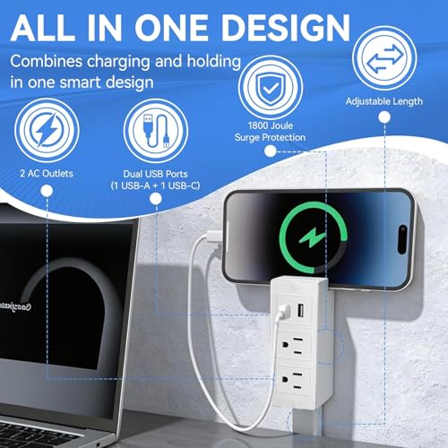 Outlet Extender, 180° Rotating & Extendable Plug Splitter, 2 AC Outlets, USB-A & USB-C Fast Charging, Surge Protector, No-Drill for Hard-to-Reach Areas Behind Couch & Desk