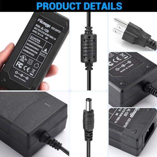 Facmogu 3 Prong 12V 5A 60W AC to DC Power Supply Adapter Converter - size: 12V 5A (3 Prong Plug)