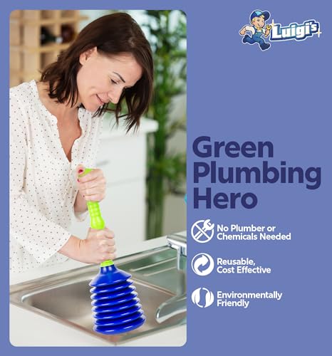 Luigi's Sink Plunger Kitchen - Sink Plunger Bathroom - Drain Bathtub or Shower - Large and Powerful Clog Remover - Commercial Style Plumbers Plungers with Large Bellows - Blue Green - Grande - color: Blue/Green - Grande Plunger