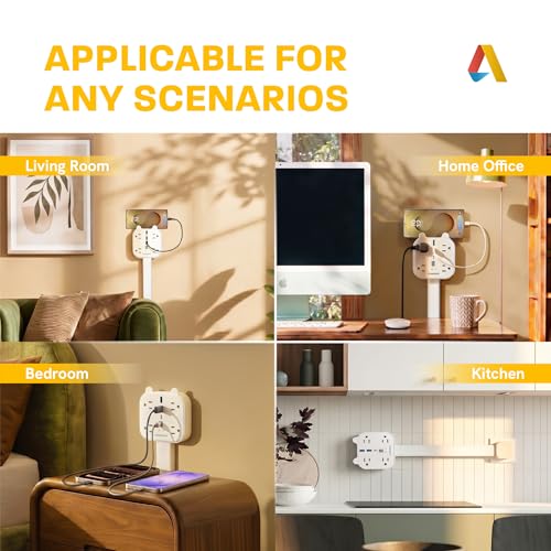 Outlet Extender Stick, 360° Rotating Wall Plug with 4 AC Outlets, USB-C PD 20W Fast Charging, 2 USB-A & 2 USB-C Ports, 18"-27" Adjustable Electrical Power Strip for Hard-to-Reach Outlets