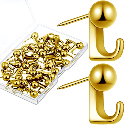 Jetec 30 Pieces Metal Push Pin Hangers Pin Wall Hooks Picture Hanging Picture Nails Frame Oil Painting Hooks on Wooden or Fabric Wall for Home or Office(Gold) - color: Gold