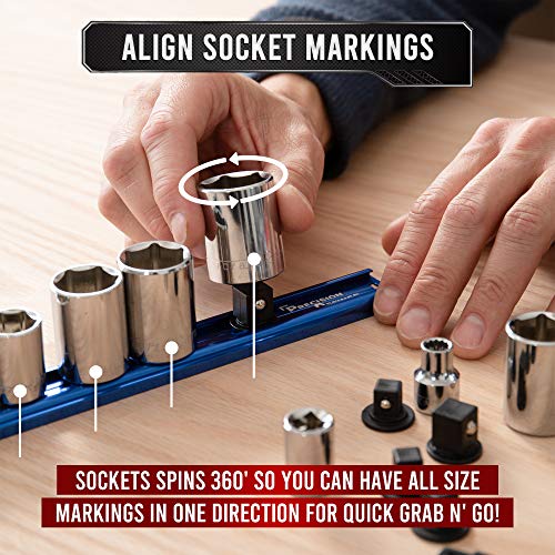 Precision Defined Aluminum Tool Socket Holder 3-Piece Set | Blue, 1/4-Inch x 16 Clips, 3/8-Inch x 16 Clips, 1/2-Inch x 14 Clips | 360 Rotation - Heavy Duty Socket Rails Organizer, Socket Storage - color: Blue