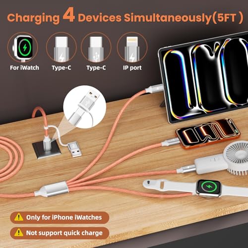 Dual Type-C 4IN2 Multi Charger Cable for iWatch/iPhone/L 5FT 2P - color: Orange_2, size: 2PCS&5FT
