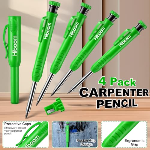 Hiboom 4 Pack Carpenter Pencil with 36 Refills Built In Sharpener (Green) - color: Green
