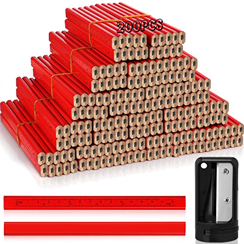 Honoson 200 Pcs Flat Construction Pencils with Printed Ruler Wood Graphite 2 Pcs Carpenter Pencil Sharpener for Woodworking Marking Tool(Red) - color: Red