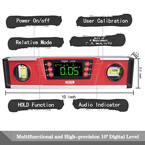 Digital Angle Finder and Level Gauge 10 Inch - Magnetic Level with Neodymium Magnets & V-Groove Base, IP54 Water Resistant, Bright LED Display, Carrying Bag for Precision Engineering and Construction