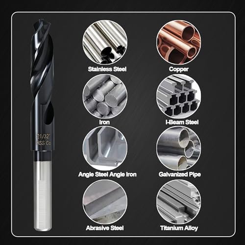 21/32 Drill Bit for Metal and Hardened Steel, M35 Cobalt 1/2 Inch Reduced Shank Industrial Grade Heavy Duty Drill Bit, with Index Storage Case - size: 21/32 in