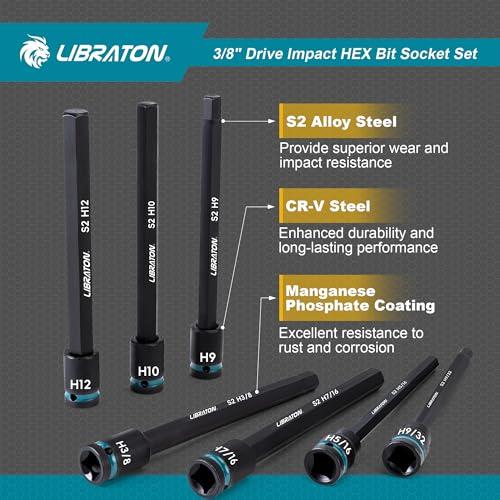 LIBRATON 3/8" Drive Long Impact Hex Bit Socket Set, Allen Bit Sockets | S2 Steel Hex Head Sockets, 20PCS Allen Wrench Socket, SAE&Metric Allen Bit Socket Set, 6" Long Allen Key Socket
