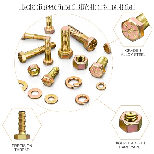 ZTF 528Pcs Grade 8 Bolts and Nuts Assortment Kit, SAE Hex Bolt Hardware Set - color: Gold