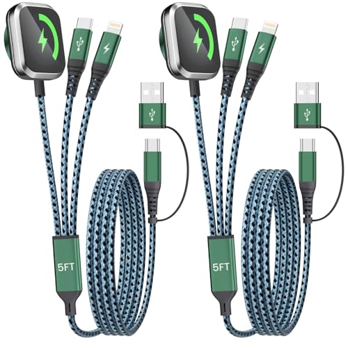 Travel Essentials for iPhone iWatch Charger 3 in 2 USB Cable, 2Pack 5FT - color: Green_2, size: 2PCS&5FT