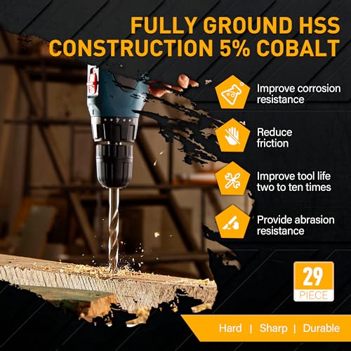 M35 Cobalt Drill Bit Set, 29Pcs High Speed Steel Twist Jobber Length Drill Bit Kit for for Hardened Metal, Stainless Steel, Cast Iron, Wood and Plastics with Index Storage Case, 1/16" - 1/2" - style: 29PCS